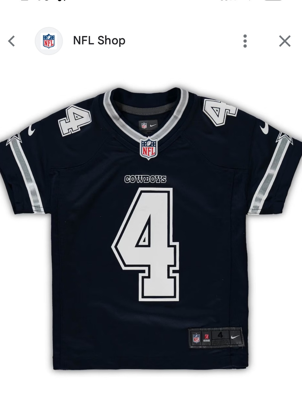 Nike Dallas Cowboys Prescott #4 Navy and White Football Jersey, youth size 5/6